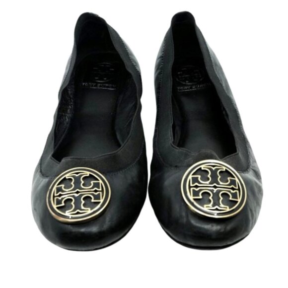 TORY BURCH~Caroline~BLACK LEATHER BALLET FLATS GOLD REVA LOGO SHOES  SZ 10 - Picture 2 of 7